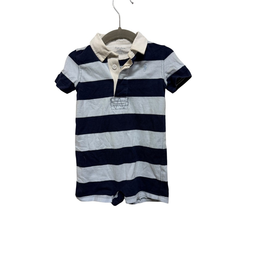 Ralph Lauren Baby Boys Rugby Romper 12M Navy Blue Striped Polo Pony One Piece